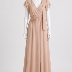 Vestito lungo con maniche morbide rosa cipria - fronte